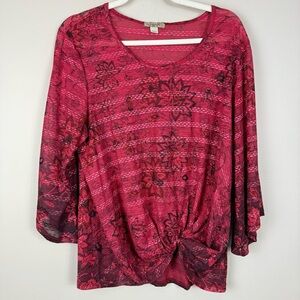 One World Top Womens XL Floral Red Shirt Tie Front 3/4 Sleeve Floral Boho Casual